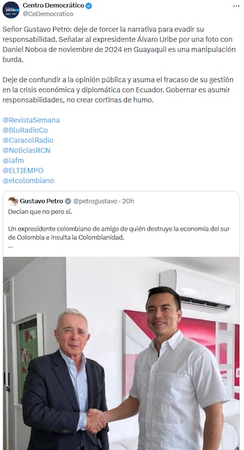 Centro Democrático rechazó señalamientos de Gustavo Petro y defendió a Álvaro Uribe Vélez tras polémica fotografía - crédito @CeDemocratico/X