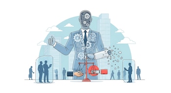 Ilustración de un edificio-robot con circuitos y engranajes, siluetas humanas protegidas y expuestas, y una balanza de justicia con mano humana y brazo robótico.