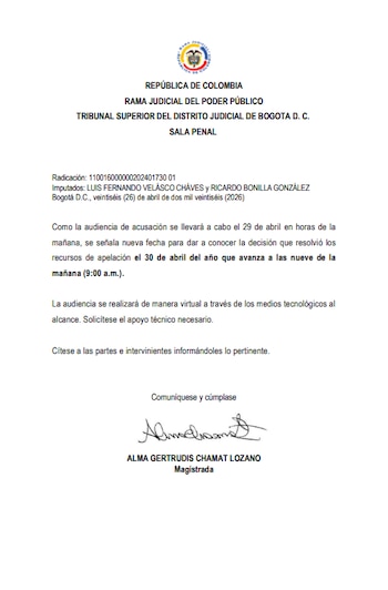 En la diligencia, la Sala Penal deberá definir si mantiene, modifica o revoca la medida de aseguramiento impuesta a los exministros Ricardo Bonilla y Luis Fernando Velasco - crédito Trbunal Superior de Bogotá