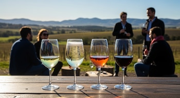 Primer plano de cuatro copas de vino (blanco, espumoso, rosado, tinto) sobre una mesa de madera, con personas conversando en un viñedo argentino al fondo.
