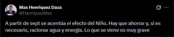 Max Henríquez advirtió que en septiembre podría aumentar la presión sobre las reservas de agua y energía en Colombia por el fenómeno de El Niño - crédito @HenriquezMax/X