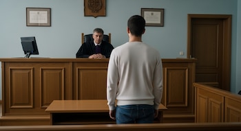 Un juez con toga negra está sentado detrás de un estrado de madera, frente a un joven de espaldas con suéter blanco y jeans en un tribunal.