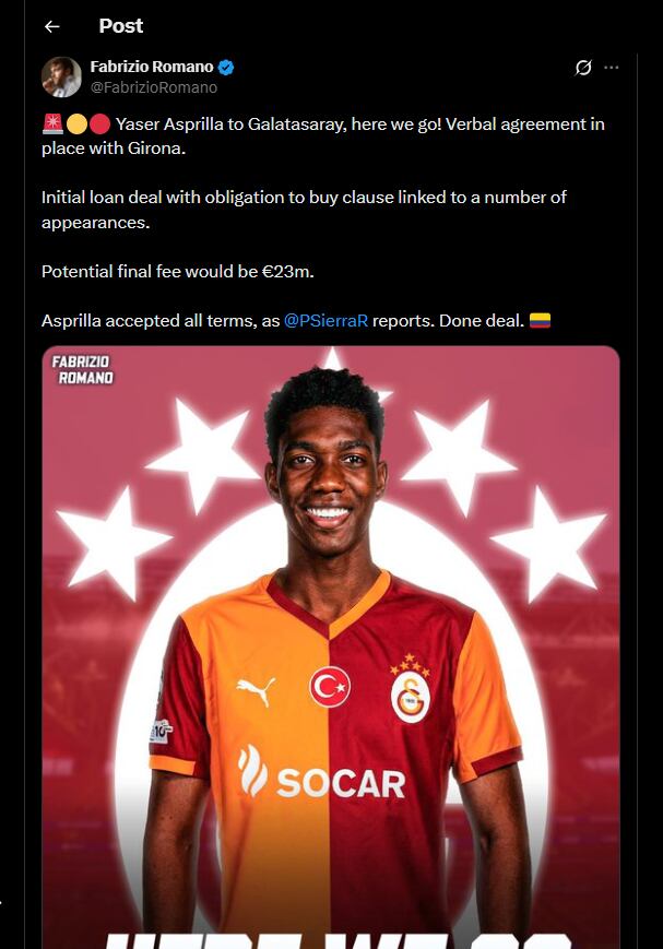 El periodista especializado con el intercambio de información que tuvo con el comunicador Felipe Sierra, confirmó la llegada del exjugador del Envigado al fútbol de Turquía-crédito @FabrizioRomano/X