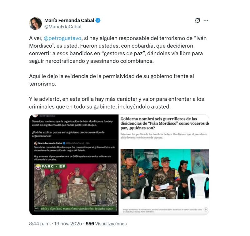 María Fernanda Cabal mostró su evidencia a la relación del Gobierno Petro con las disidencias de las Farc - crédito @MariaFdaCabal/X