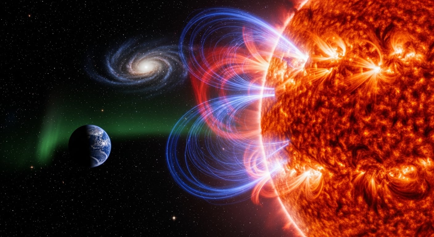 Una representación artística muestra las intensas tormentas solares y sus campos magnéticos extendiéndose hacia la Tierra, generando auroras y afectando el espacio circundante. (Imagen Ilustrativa Infobae)