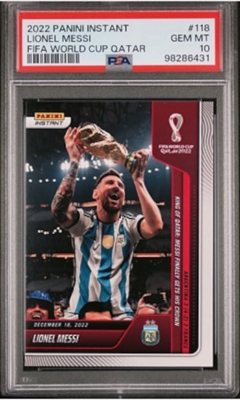 El lote incluye una tarjeta coleccionable Panini Instant de Lionel Messi con la calificación diez de la certificadora PSA. (Richmond Auctions)