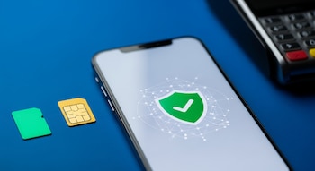Teléfono móvil con pantalla encendida mostrando escudo verde y tilde. A su lado, tarjeta SIM dorada y adaptador verde. Fondo azul con terminal de cobro desenfocada.