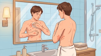 Ilustración: persona con cabello castaño secándose frente a un espejo. Reflejo muestra ronchas rojas y gotas de agua en pecho y brazos.