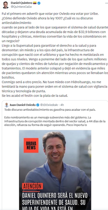 Daniel Quintero acusó a Juan Daniel Oviedo de respaldar el saqueo al sistema de salud y prometió “desmontar la corrupción” - crédito @QuinteroCalle/X