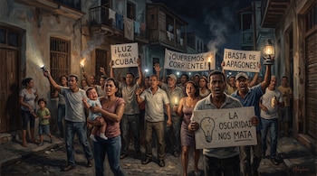Multitud de personas camina de noche por una calle sosteniendo pancartas con mensajes sobre la luz, antorchas, linternas y un farol.