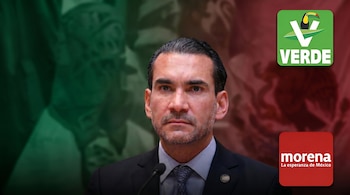 Retrato de Luis Armando Melgar, hombre con traje oscuro y corbata, sobre un fondo difuminado verde y rojo con los logos del Partido Verde y Morena.
