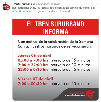 El Trun Suburbano informó los horarios que tendrá el próximo jueves y viernes santo, así como los intervalos de la salida de trenes