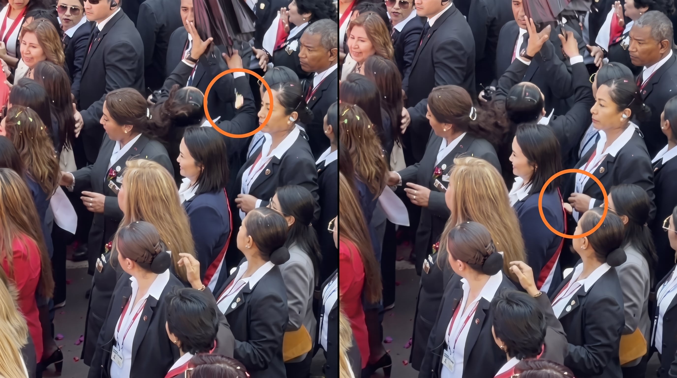 Un objeto impacta en la espalda de Keiko Fujimori durante la Procesión de la Bandera en Tacna. (TikTok/@seyli.ann/Infobae Perú)