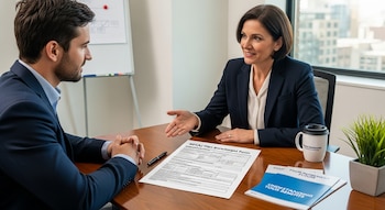 Dos personas, un hombre y una mujer, sentadas en una mesa de oficina con un formulario 401(k), una pluma, folletos y una taza.