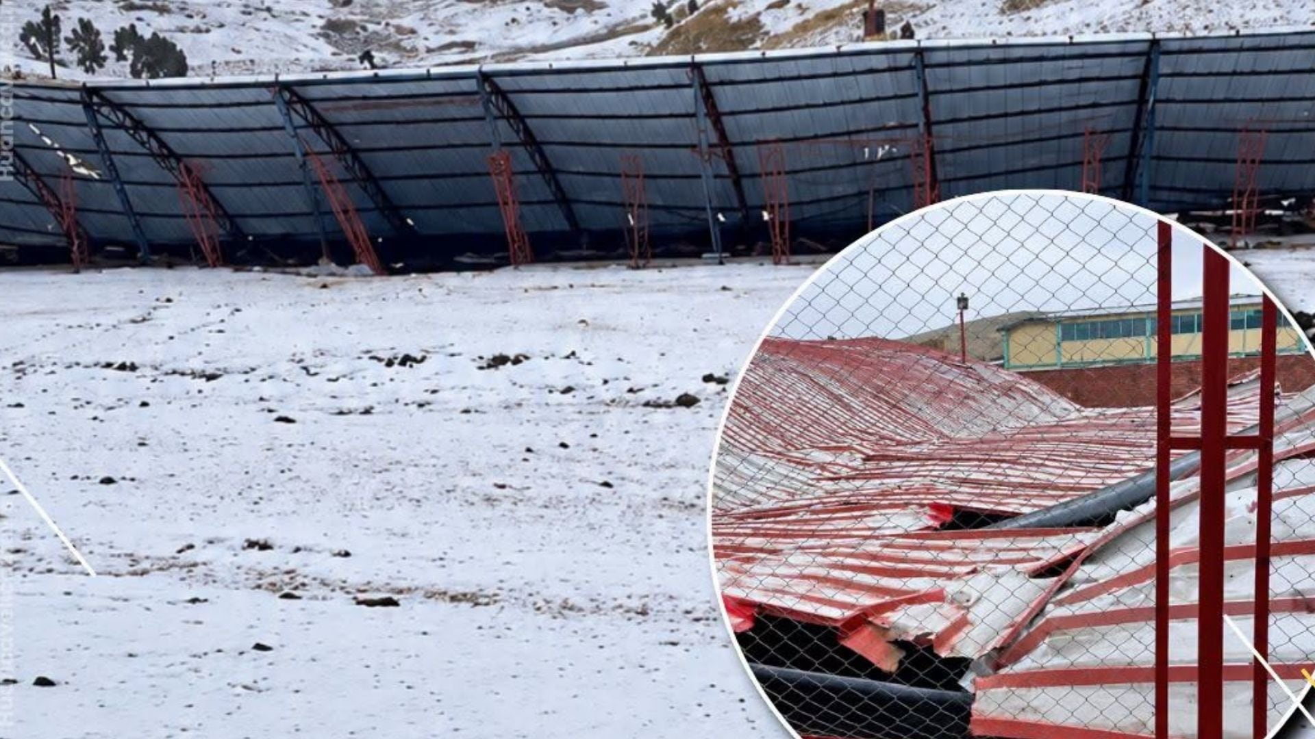 Una granizada provocó el colapso total del techo de una losa deportiva en el centro poblado de Parco Alto, en Huancavelica. (Huancavelica 360)