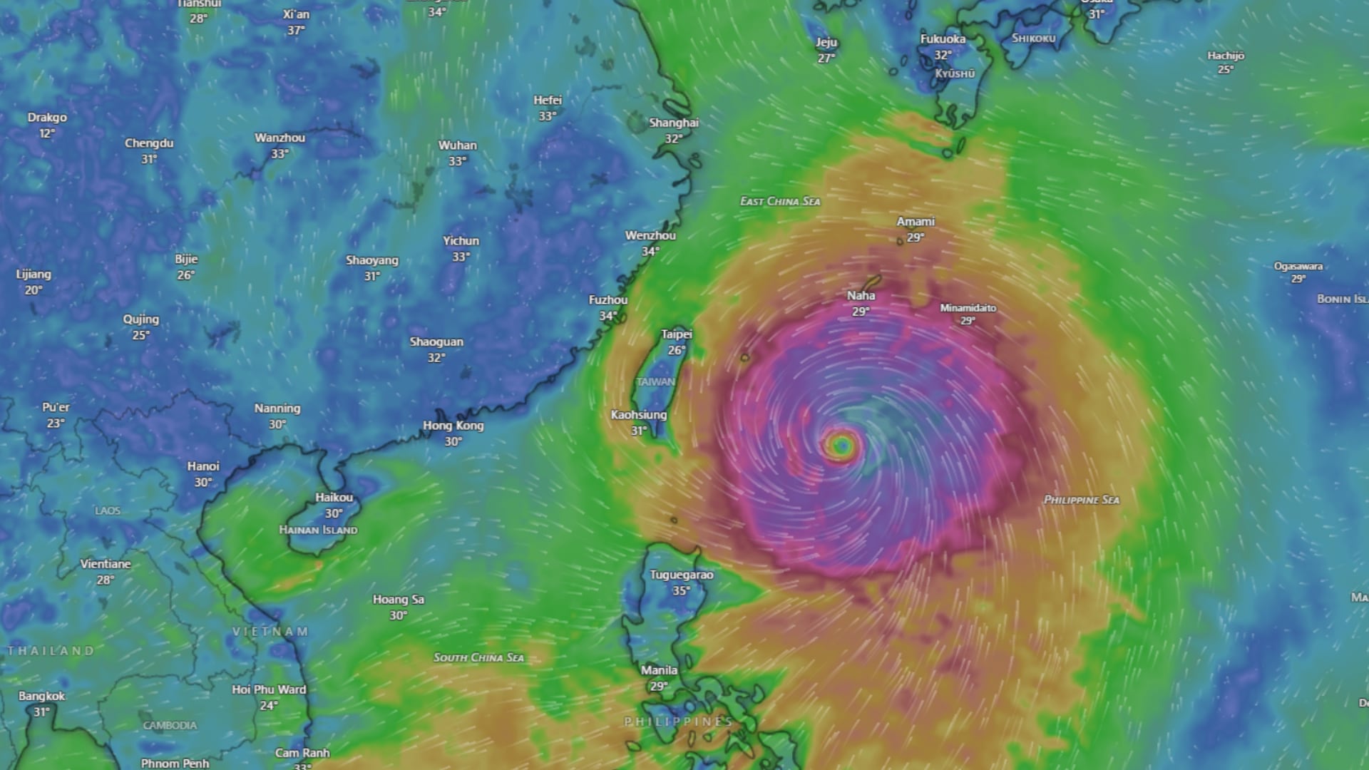 El tifón Bavi, posiblemente la tormenta más poderosa de los últimos años, avanza hacia China y Taiwán (Créditos: Windy)