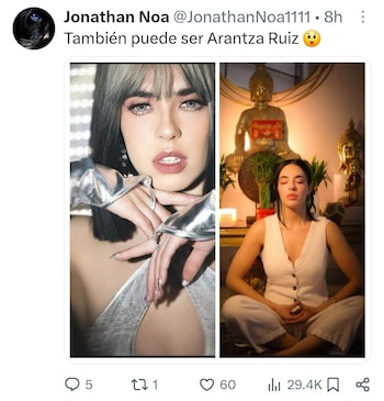 Primer plano de una mujer con cabello oscuro y flequillo, vestimenta plateada. A su lado, la misma mujer sentada meditando frente a estatuas de Buda
