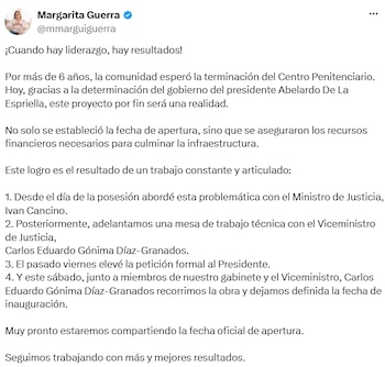 María Margarita Guerra aseguró que fueron gestionados los recursos para culminar la infraestructura y que próximamente se anunciará la fecha oficial de apertura. - crédito @mmarguiguerra/X