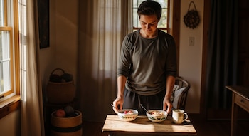 Persona de pie en un interior cálido preparando el desayuno, con dos cuencos de cereales y una taza en una mesa de madera, cerca de una ventana.