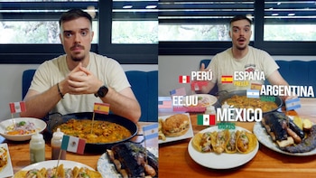Hombre con barba frente a pantalla dividida con banderas y platos: ceviche, paella, asado, tacos, hamburguesa, y texto sobre países y comida