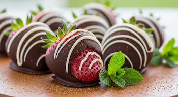 Primer plano de varias fresas congeladas cubiertas de chocolate oscuro con decoración de chocolate blanco sobre una tabla de madera y hojas de menta.