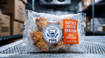 Paquete plástico de Buffalo Chicken Rangoon congelado con escarcha y sello de inspección del Departamento de Agricultura de Estados Unidos.