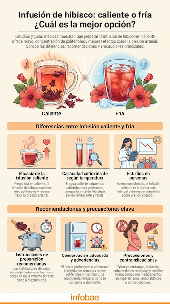 Infografía que compara infusión de hibisco caliente y fría. Muestra tazas con té, flores, hielo, y paneles con información sobre propiedades, preparación y precauciones.