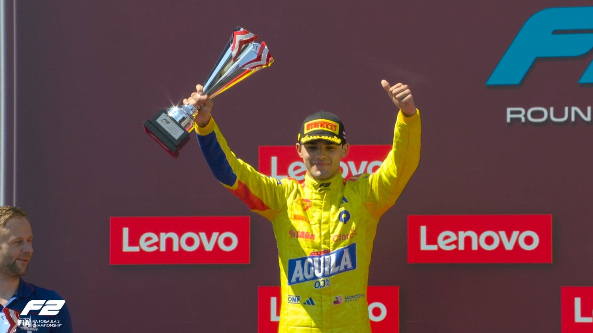 Sebastián Montoya celebró su primer podio de la temporada en Fórmula 2 junto al ganador John Bennett y el mexicano Rafael Villagómez en el Red Bull Ring de Austria - crédito Formula 2