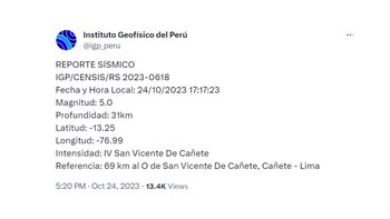 Sismo en Perú: se reporta temblor en Cañete