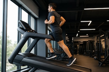 Un hombre con ropa deportiva negra corre sobre una cinta de entrenamiento inclinada frente a una ventana en un gimnasio.