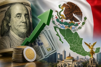 Un rollo de dólares estadounidenses, monedas de peso, una flecha verde hacia arriba, la bandera de México y la columna de la Independencia.