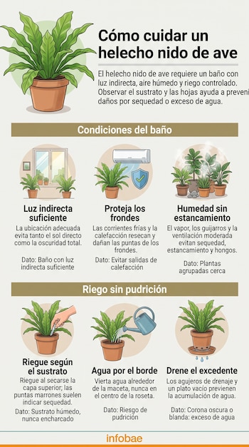 Infografía con ilustraciones de plantas en maceta y textos sobre el cuidado del helecho nido de ave.