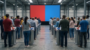 Vista trasera de una multitud diversa de personas de pie ante consolas con botones rojos y azules, frente a una gran pantalla dividida en rojo y azul.