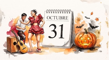Ilustración con un calendario del 31 de octubre, dos bailarines con guitarra y cajón a la izquierda, y una calabaza con murciélagos a la derecha.
