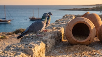 Dos palomas grises sobre un muro de piedra, vasijas de barro con trigo derramado y barcos de madera en el mar al atardecer.