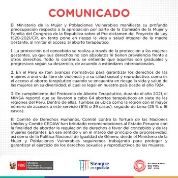 Comunicado del MIMP sobre aprobación