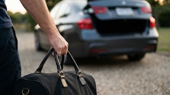 Primer plano del brazo de una persona sosteniendo un bolso de viaje negro con asas de cuero, con el maletero abierto de un coche oscuro difuminado al fondo.