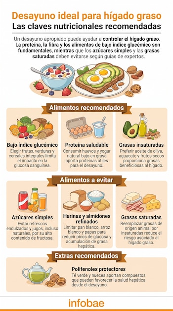 Infografía con ilustraciones de frutas, tostadas, huevos, yogur, frutos secos, refrescos, harinas refinadas y té verde por categorías.