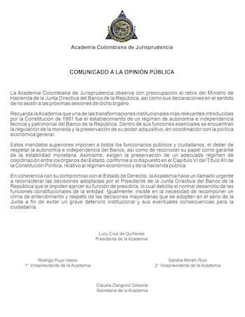 La Academia Colombiana de Jurisprudencia rechazó la ruptura entre el Gobierno y el Banco de la República - crédito Academia Colombiana de Jurisprudencia