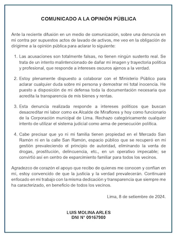 Comunicado de Luis Molina