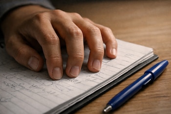 Mano de persona joven con dedos levemente crispados sobre un cuaderno escolar abierto con anotaciones, un bolígrafo azul al costado en una mesa de madera.