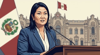 Ilustración de Keiko Fujimori en un podio con micrófonos. Detrás, la bandera de Perú y un edificio gubernamental.