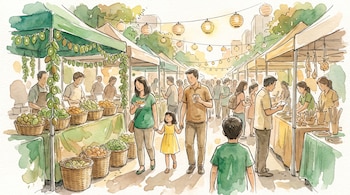 Dibujo en acuarela de personas caminando en un mercado al aire libre entre carpas con canastas de frutas y faroles colgados.