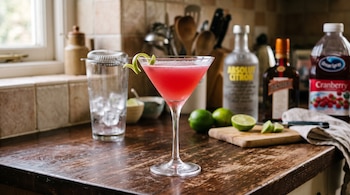 Una copa de martini con un cóctel rosado y piel de lima junto a botellas de licor, jugo de arándanos, limas frescas y una coctelera.