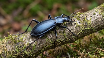 Escarabajo Carabus blaptoides de cuerpo negro y brillante sobre una rama con musgo verde. Fondo de vegetación borroso.
