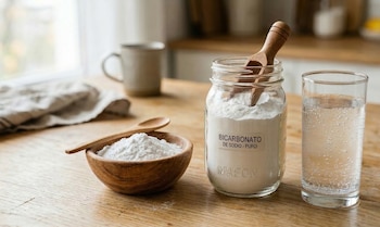 Un frasco de vidrio con bicarbonato de sodio y una cuchara de madera, un tazón de madera con polvo y un vaso de bebida no alcohólica burbujeante sobre una mesa
