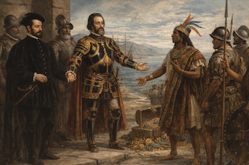 Pintura histórica: Hernán Cortés, en armadura, gesticula ante un líder indígena con tocado de plumas. Un cofre con oro y joyas está entre ellos. Soldados y barcos al fondo.