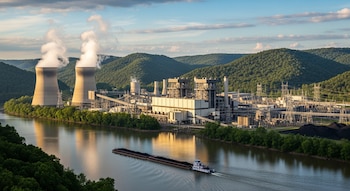 Vista aérea de una planta de electricidad con dos grandes torres de enfriamiento y humo blanco, a orillas de un río donde navega un remolcador con barcazas.