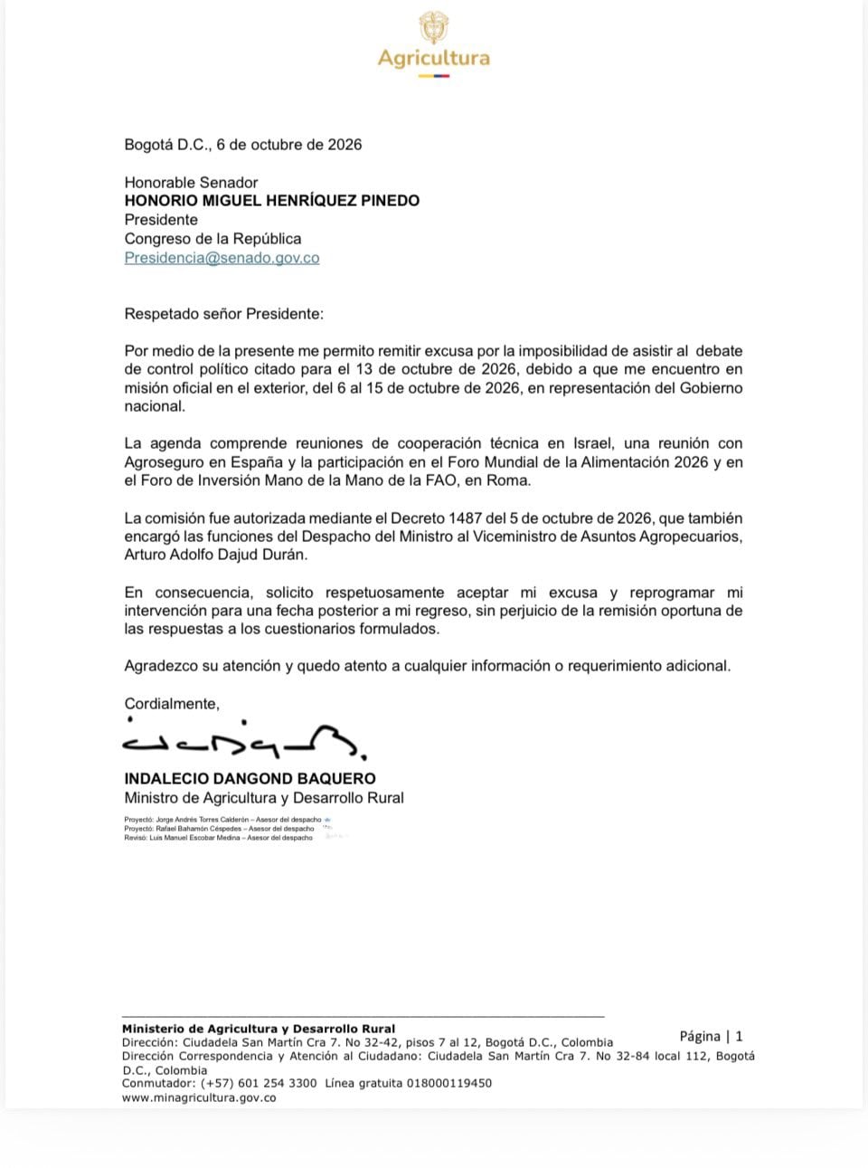 La solicitud formal fue enviada el 6 de octubre de 2026 al presidente del Congreso, Miguel Henríquez Pinedo - crédito @IvanCepedaCast/X