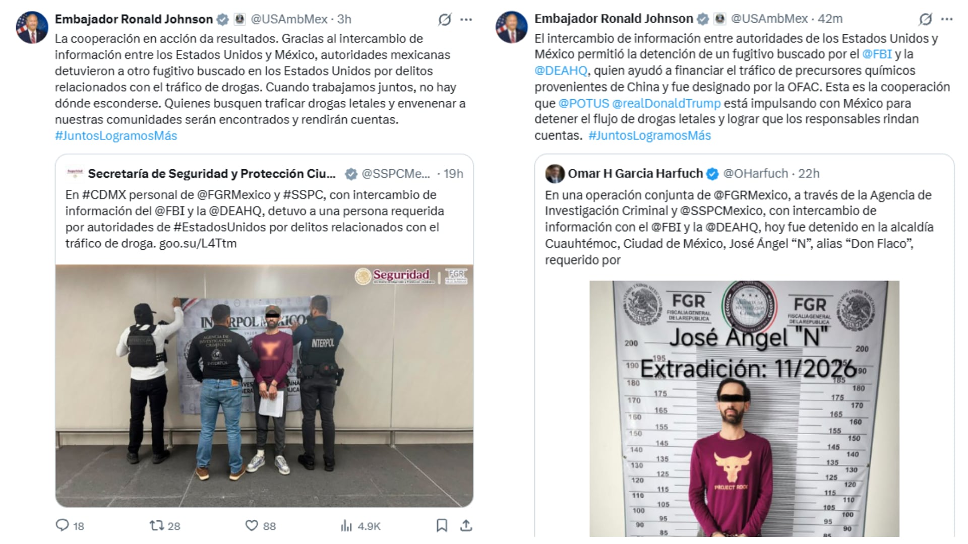Tweets del embajador de EEUU en México sobre la detención de